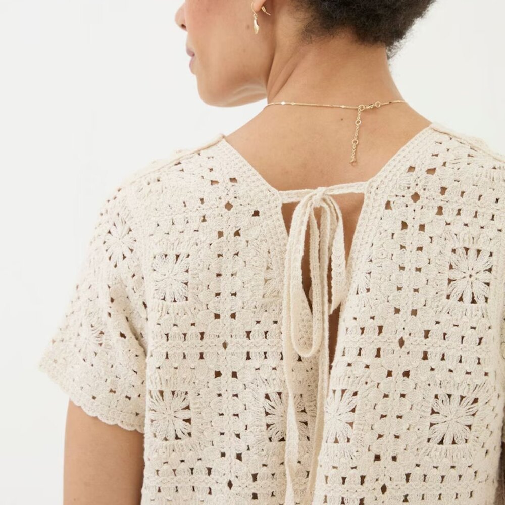 NEW Fat Face Patchwork Crochet Cream Short Sleeve Top Size 14 - Picture 7 of 14